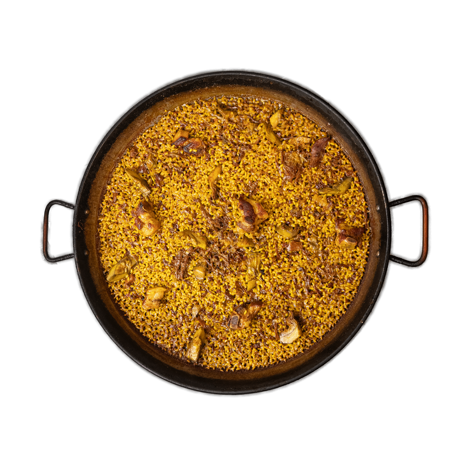 Paella de pato, costilla y alcachofas